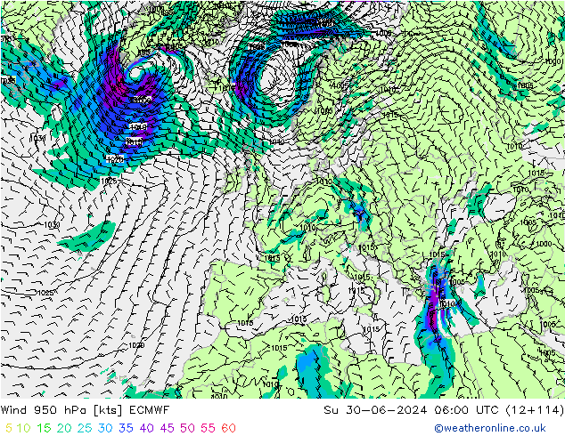 Wind 950 hPa ECMWF zo 30.06.2024 06 UTC