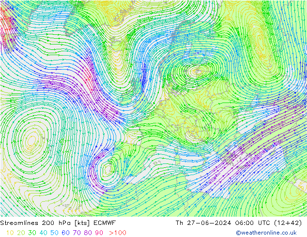 Linea di flusso 200 hPa ECMWF gio 27.06.2024 06 UTC