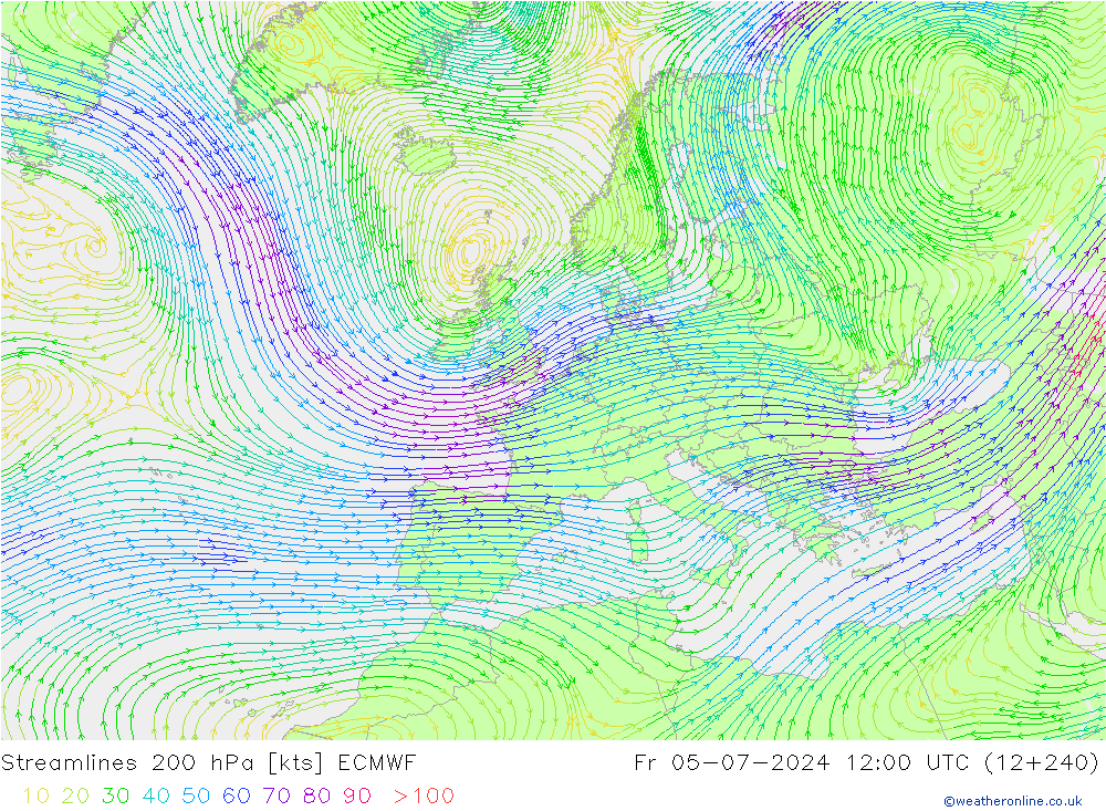 Stroomlijn 200 hPa ECMWF vr 05.07.2024 12 UTC