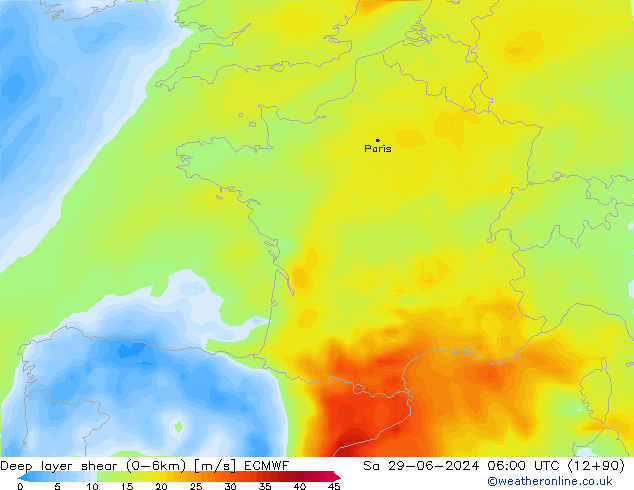 Deep layer shear (0-6km) ECMWF сб 29.06.2024 06 UTC