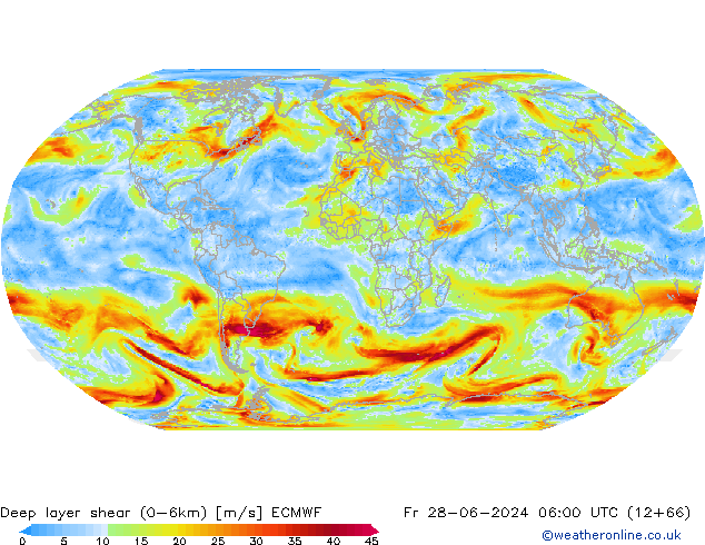 Deep layer shear (0-6km) ECMWF Fr 28.06.2024 06 UTC