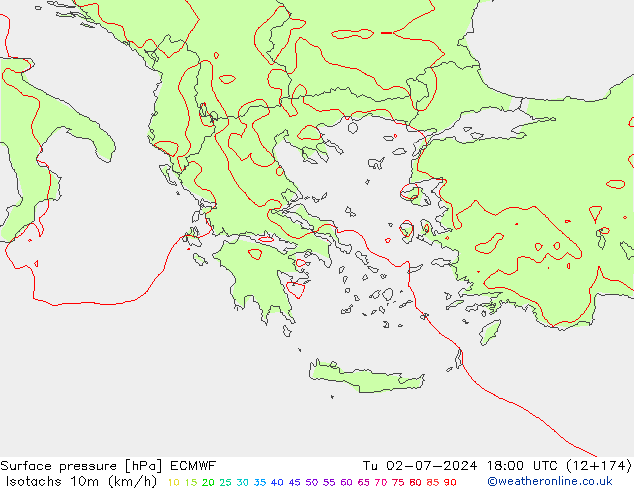 Isotachs (kph) ECMWF Tu 02.07.2024 18 UTC