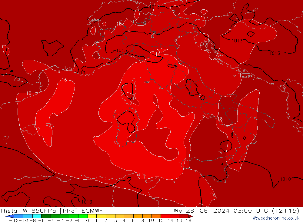 Theta-W 850hPa ECMWF mer 26.06.2024 03 UTC