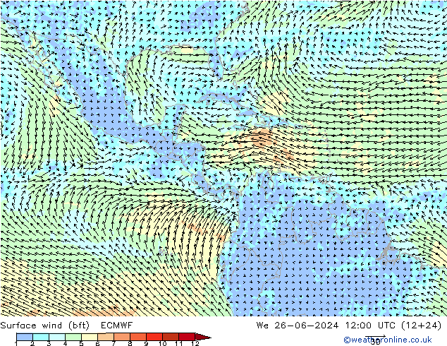 Surface wind (bft) ECMWF St 26.06.2024 12 UTC