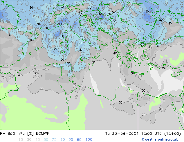 RH 850 hPa ECMWF Tu 25.06.2024 12 UTC