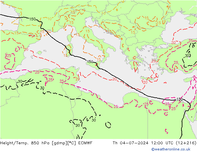 Z500/Rain (+SLP)/Z850 ECMWF gio 04.07.2024 12 UTC