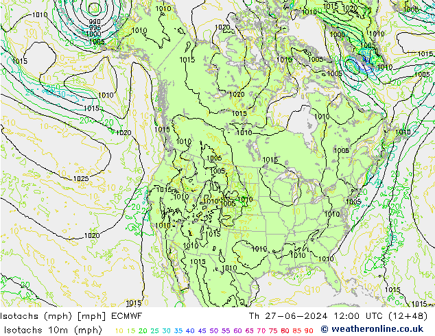 Isotachs (mph) ECMWF Čt 27.06.2024 12 UTC