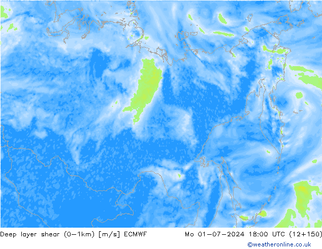 Deep layer shear (0-1km) ECMWF ma 01.07.2024 18 UTC