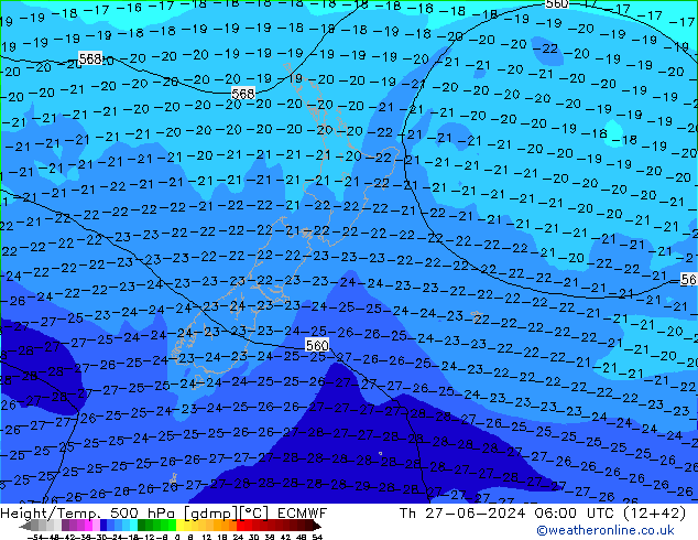 Height/Temp. 500 hPa ECMWF Th 27.06.2024 06 UTC