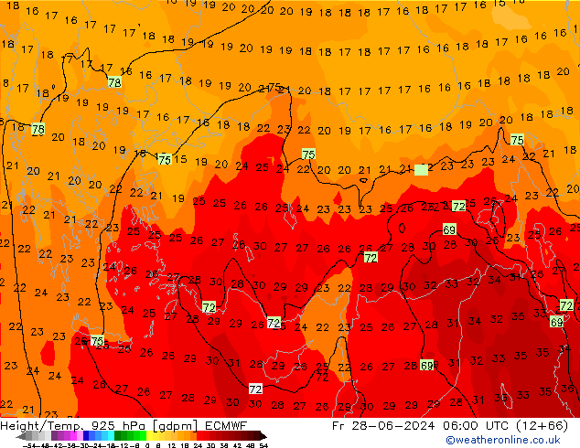 Height/Temp. 925 hPa ECMWF Sex 28.06.2024 06 UTC