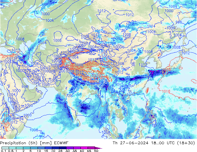 Totale neerslag (6h) ECMWF do 27.06.2024 00 UTC
