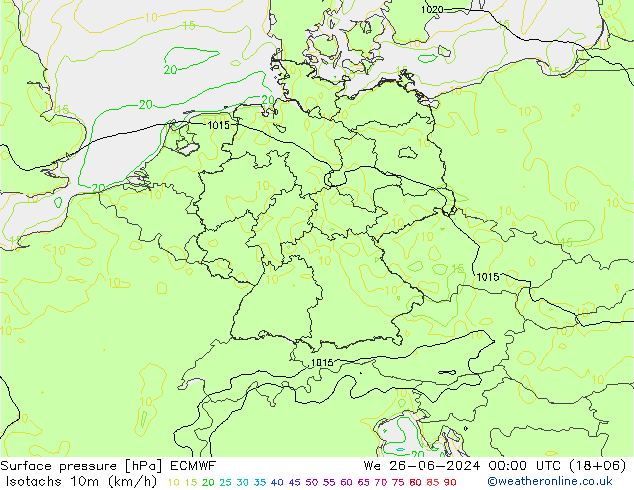 Isotachen (km/h) ECMWF wo 26.06.2024 00 UTC