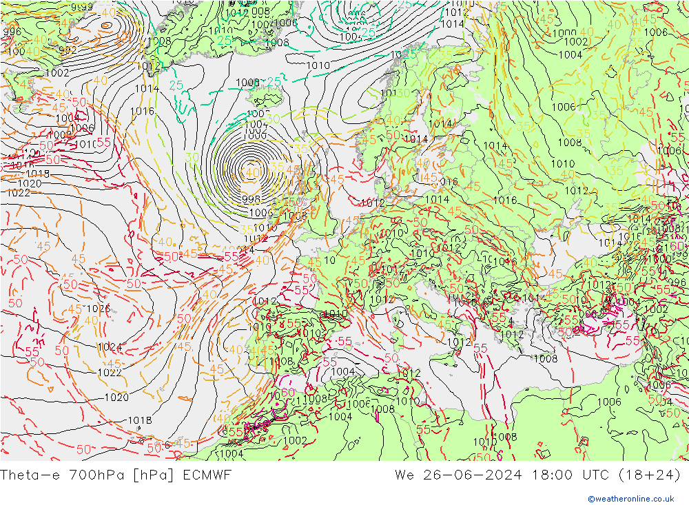 Theta-e 700hPa ECMWF 星期三 26.06.2024 18 UTC