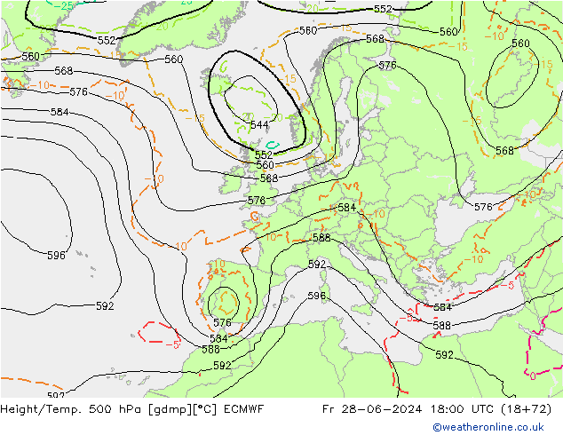 Z500/Rain (+SLP)/Z850 ECMWF Fr 28.06.2024 18 UTC