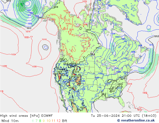 High wind areas ECMWF 星期二 25.06.2024 21 UTC