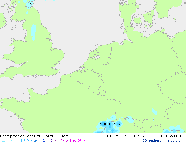 Precipitation accum. ECMWF 星期二 25.06.2024 21 UTC
