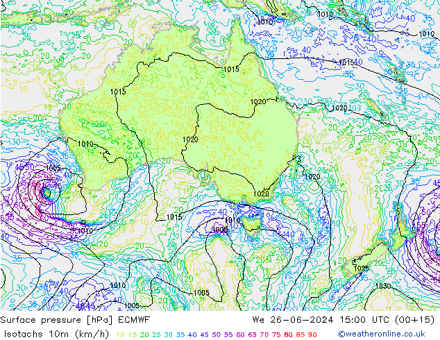 Isotachen (km/h) ECMWF wo 26.06.2024 15 UTC