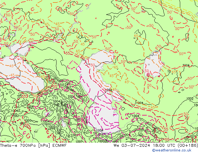 Theta-e 700hPa ECMWF wo 03.07.2024 18 UTC