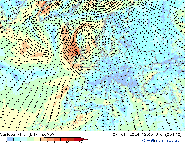 Wind 10 m (bft) ECMWF do 27.06.2024 18 UTC
