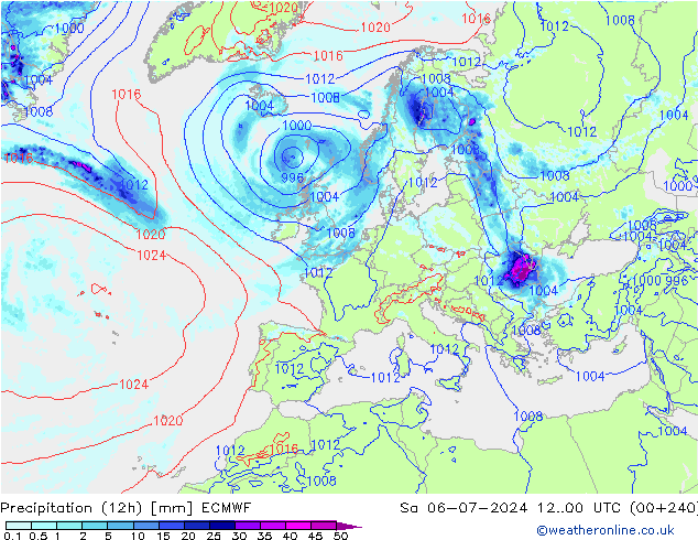 Totale neerslag (12h) ECMWF za 06.07.2024 00 UTC