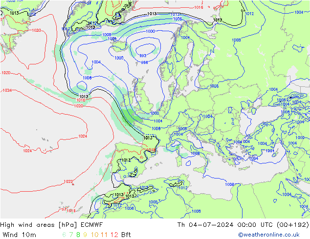 High wind areas ECMWF 星期四 04.07.2024 00 UTC
