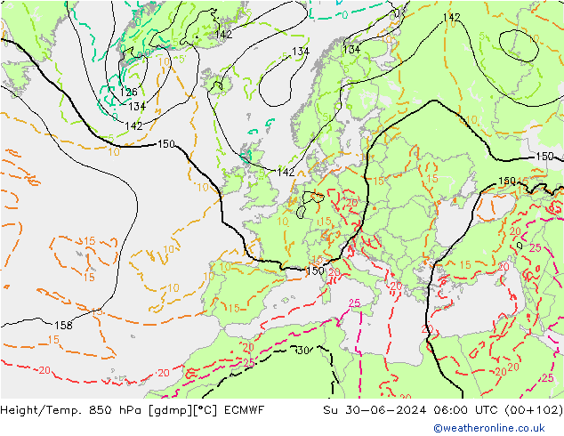 Hoogte/Temp. 850 hPa ECMWF zo 30.06.2024 06 UTC