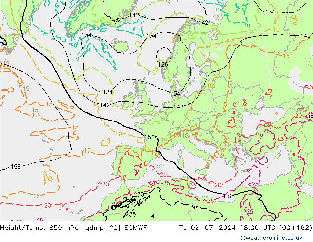 Hoogte/Temp. 850 hPa ECMWF di 02.07.2024 18 UTC