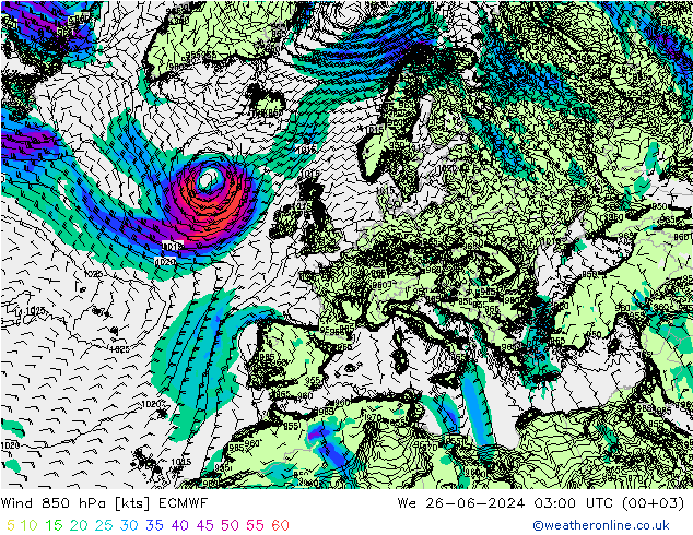 风 850 hPa ECMWF 星期三 26.06.2024 03 UTC