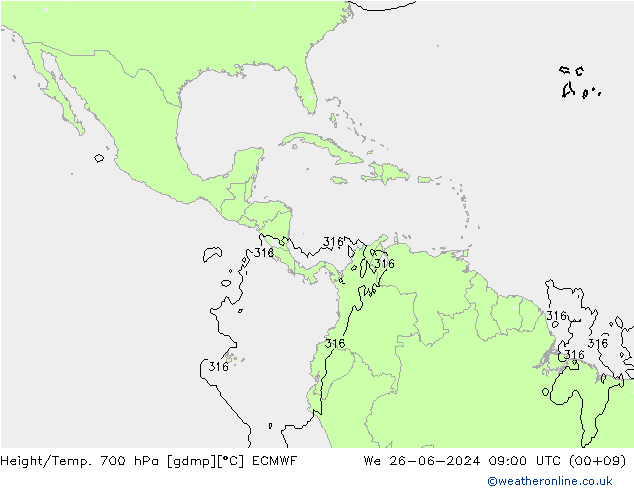 Hoogte/Temp. 700 hPa ECMWF wo 26.06.2024 09 UTC