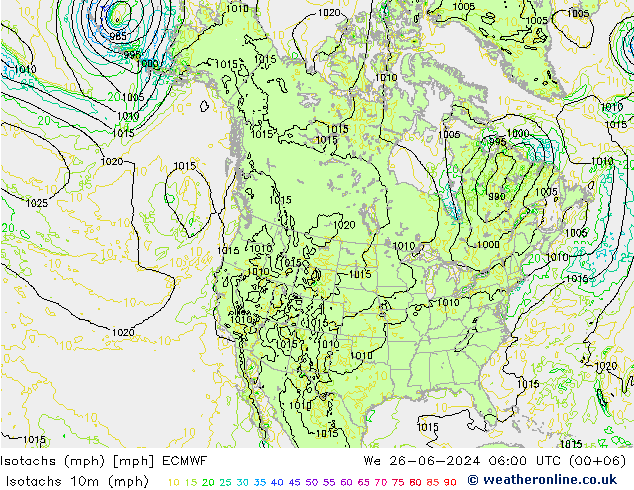 Isotachs (mph) ECMWF 星期三 26.06.2024 06 UTC