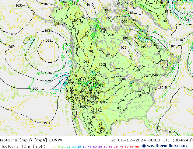 Isotachs (mph) ECMWF 星期六 06.07.2024 00 UTC