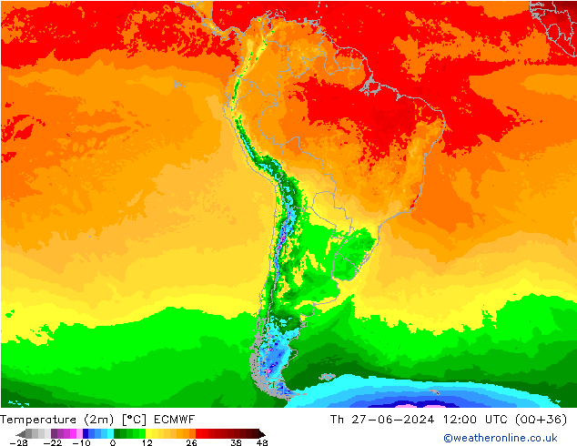 Temperatuurkaart (2m) ECMWF do 27.06.2024 12 UTC