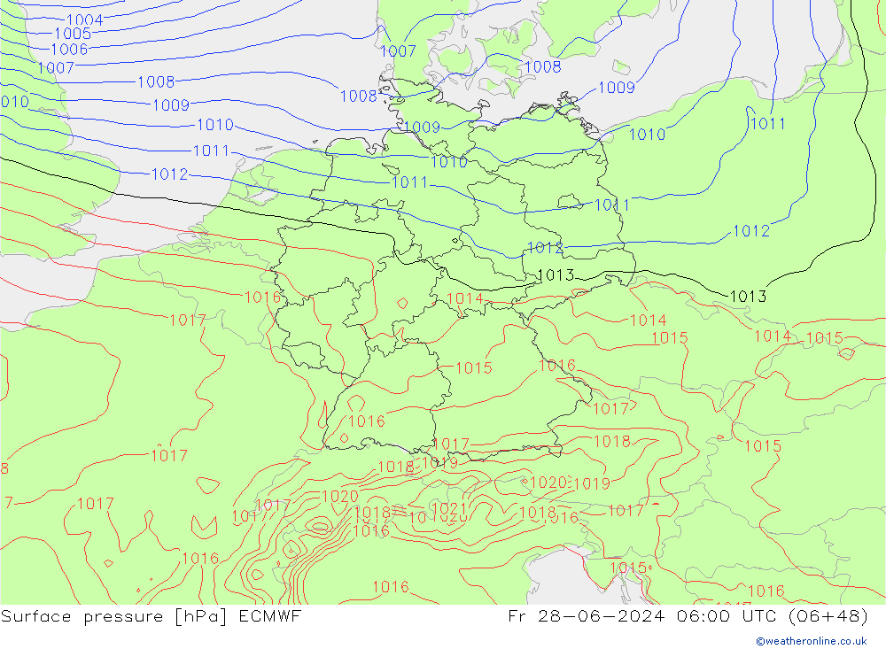 Luchtdruk (Grond) ECMWF vr 28.06.2024 06 UTC