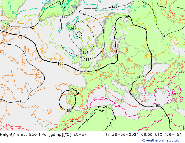 Hoogte/Temp. 850 hPa ECMWF vr 28.06.2024 06 UTC
