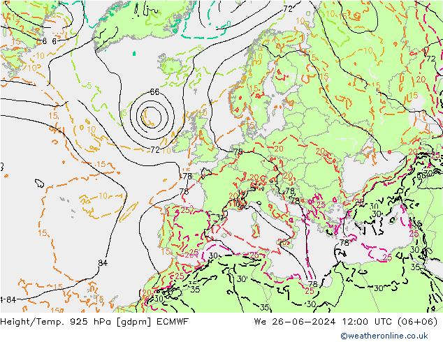 Height/Temp. 925 hPa ECMWF 星期三 26.06.2024 12 UTC