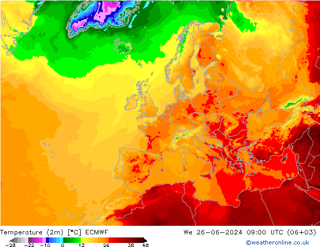 Temperatuurkaart (2m) ECMWF wo 26.06.2024 09 UTC
