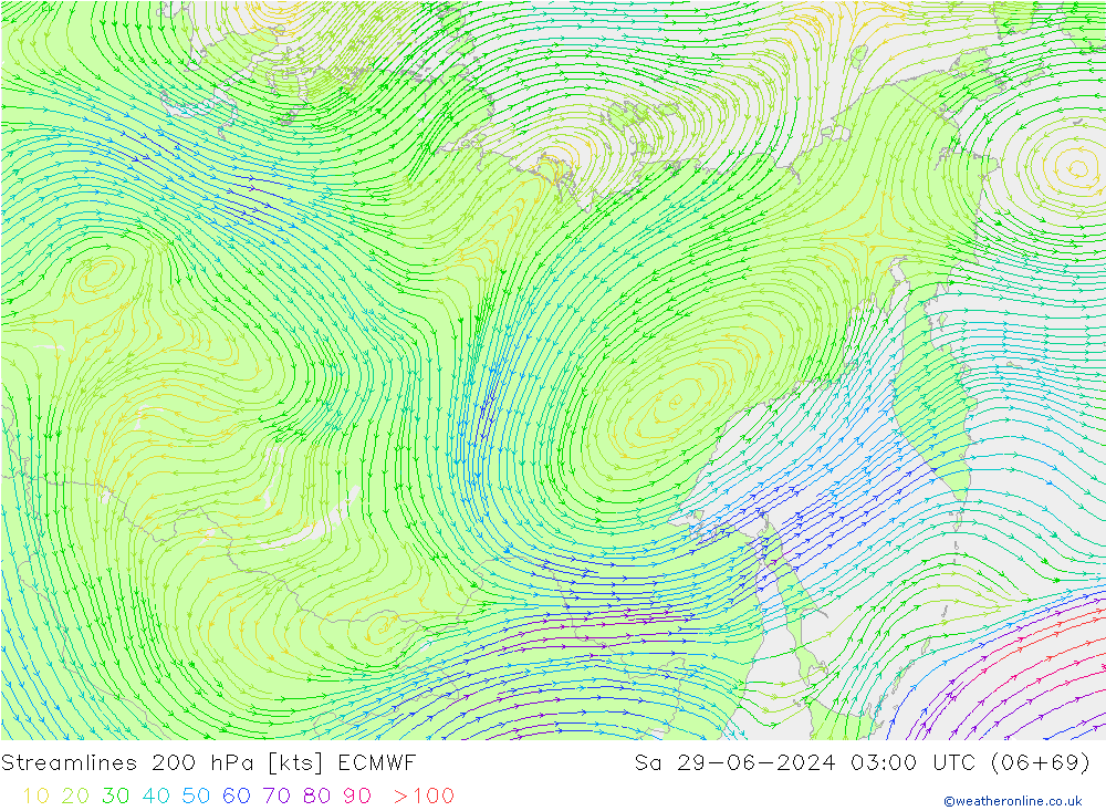 Stroomlijn 200 hPa ECMWF za 29.06.2024 03 UTC