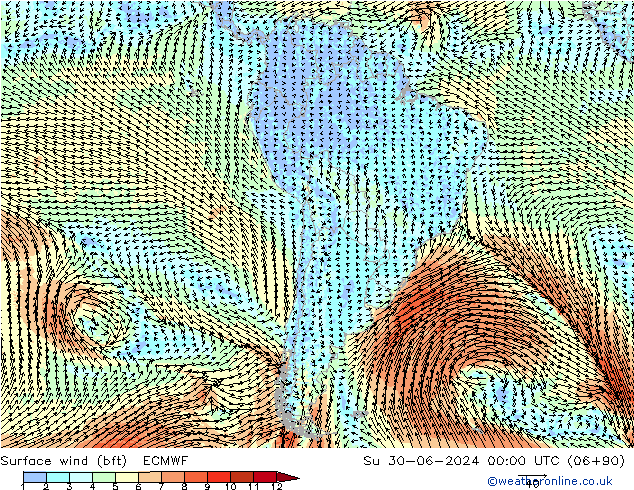 Wind 10 m (bft) ECMWF zo 30.06.2024 00 UTC