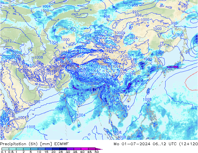 Z500/Rain (+SLP)/Z850 ECMWF pon. 01.07.2024 12 UTC