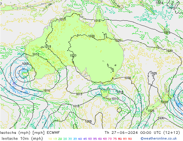 Isotachen (mph) ECMWF Do 27.06.2024 00 UTC