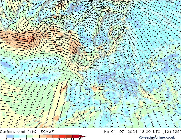 Wind 10 m (bft) ECMWF ma 01.07.2024 18 UTC