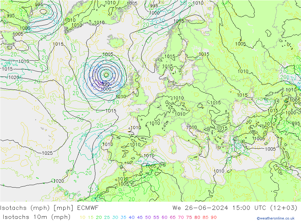 Isotachs (mph) ECMWF We 26.06.2024 15 UTC