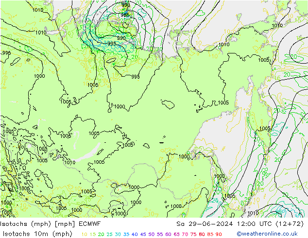 Isotachen (mph) ECMWF za 29.06.2024 12 UTC