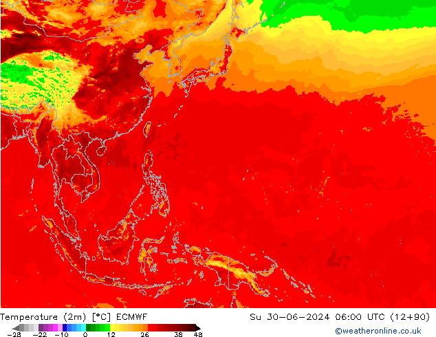 Temperatuurkaart (2m) ECMWF zo 30.06.2024 06 UTC