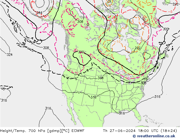 Hoogte/Temp. 700 hPa ECMWF do 27.06.2024 18 UTC