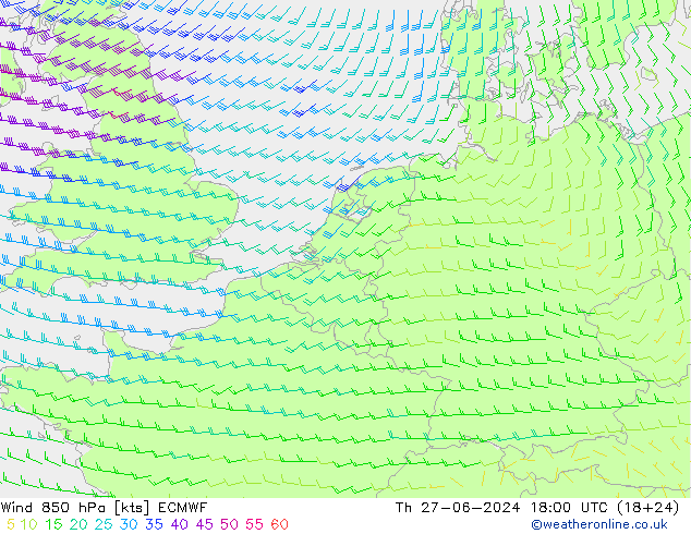 风 850 hPa ECMWF 星期四 27.06.2024 18 UTC