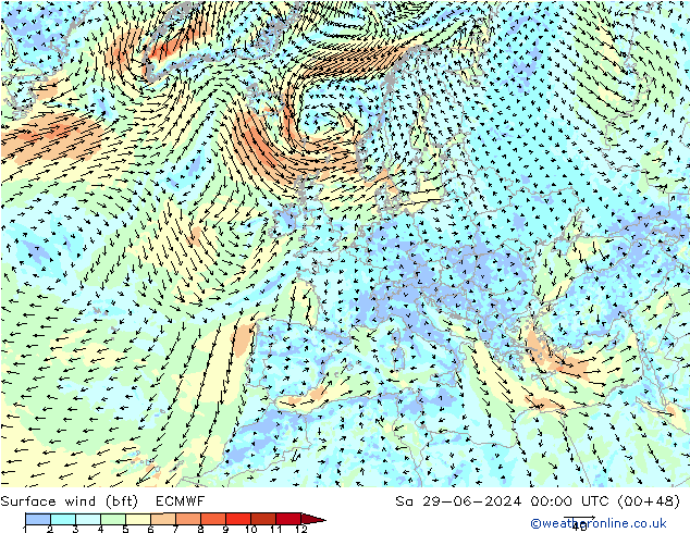 Wind 10 m (bft) ECMWF za 29.06.2024 00 UTC