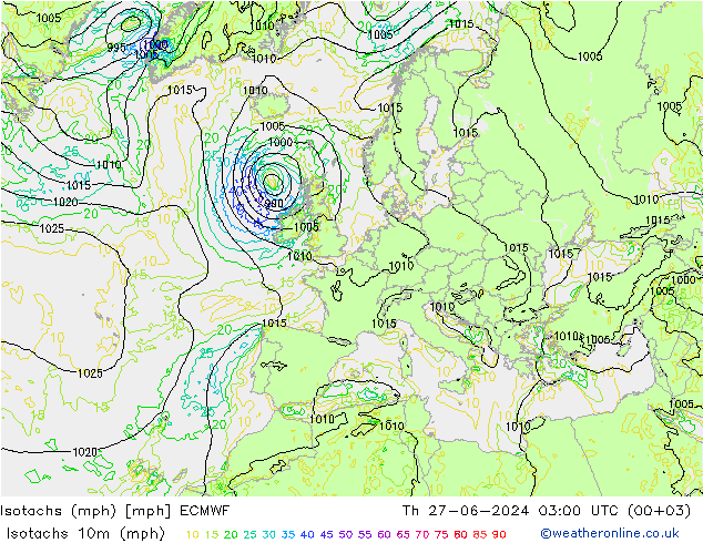 Isotachs (mph) ECMWF 星期四 27.06.2024 03 UTC