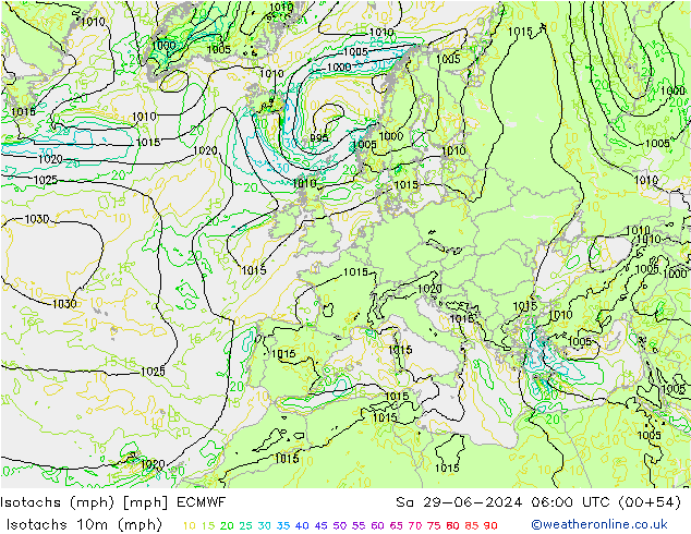 Isotachen (mph) ECMWF za 29.06.2024 06 UTC