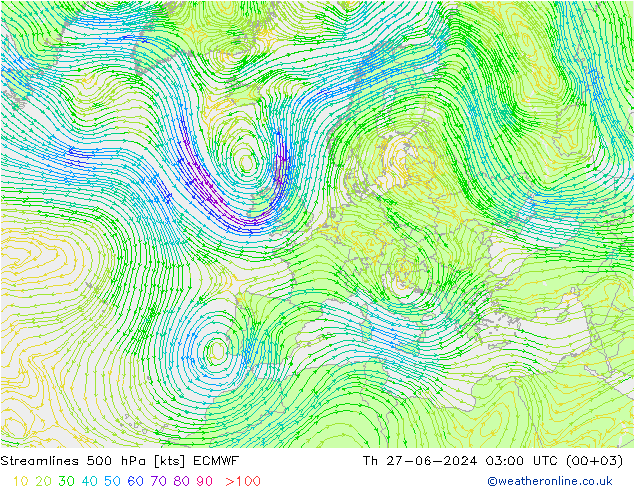 风 500 hPa ECMWF 星期四 27.06.2024 03 UTC